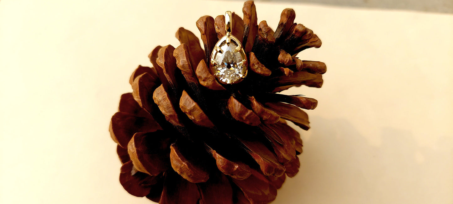 Old Mine Pear cut OMC, Antique Pear Georgian cut down set Solitaire Moissanite Pendant without chain, Pendant for women, gift for mother