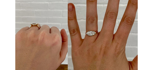 East West Bezel Set Marquise Moissanite Solitaire Engagement Ring, Georgian era Vintage ring, Low profile ring, statement art deco ring.