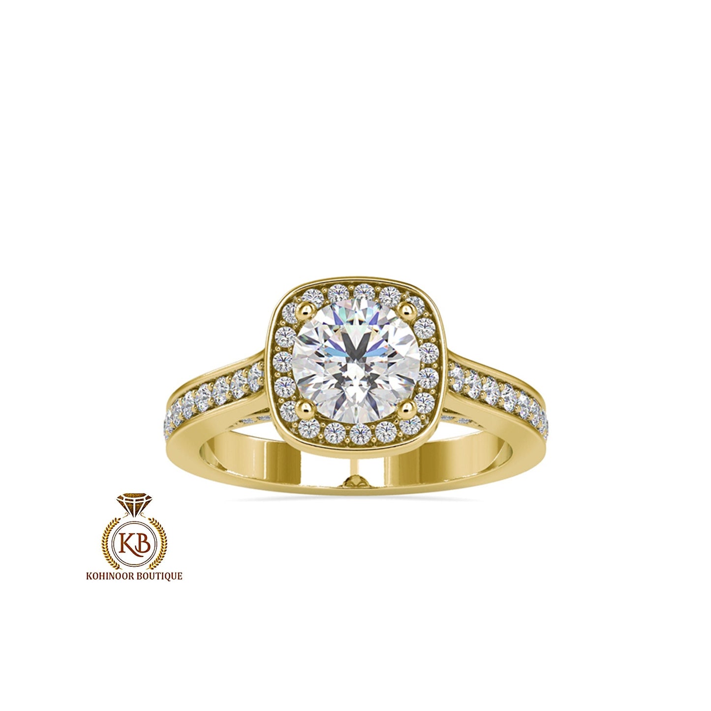 Cathedral set Round Cut Halo with Floral basket and side pave Moissanite Solitaire Engagement ring, Right-hand Ring, Gift for wife, mother.