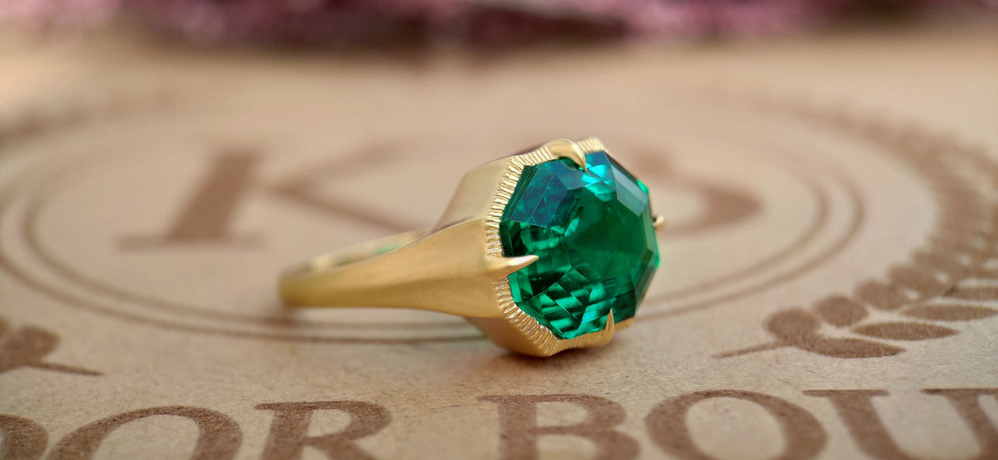 Lab Emerald Georgian cut down Compass prongs set Knife edge Signet Solitaire pinky finger ring in matt\Glossy finish, Ring for her\Women