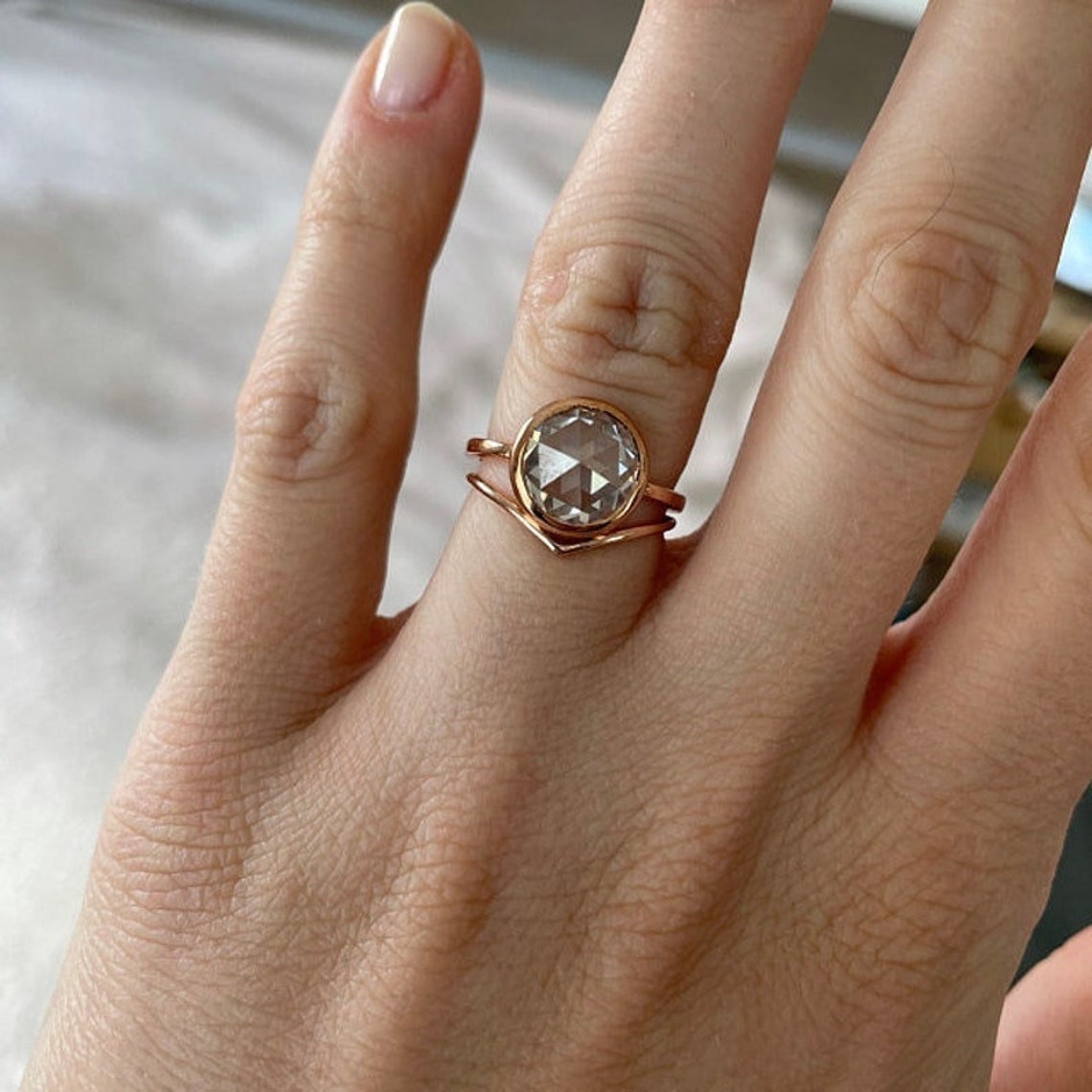 Bezel set Round Rose Cut Moissanite Engagement ring, low profile set engagement ring, Vintage ring for her