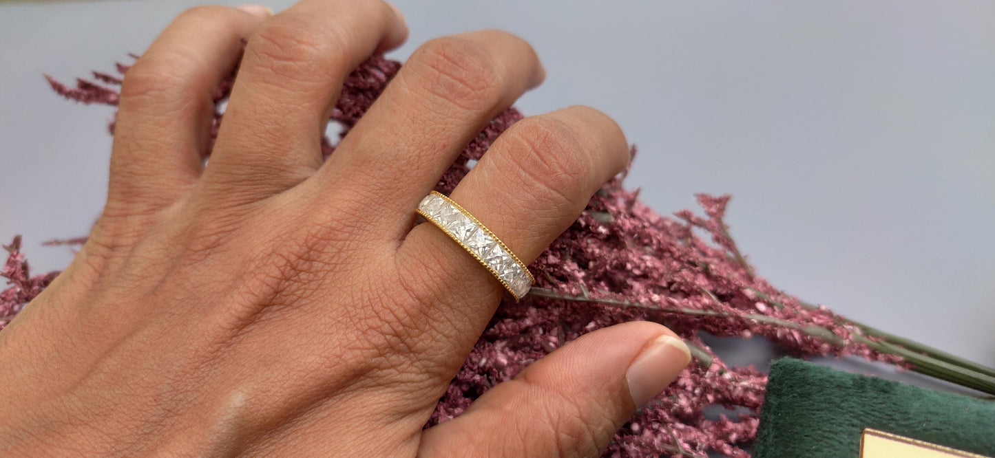 Vintage France\ French cut Moissanite Eternity ring,wedding band, stackable ring,Princess carre cut Half\Full eternity band,Anniversary gift