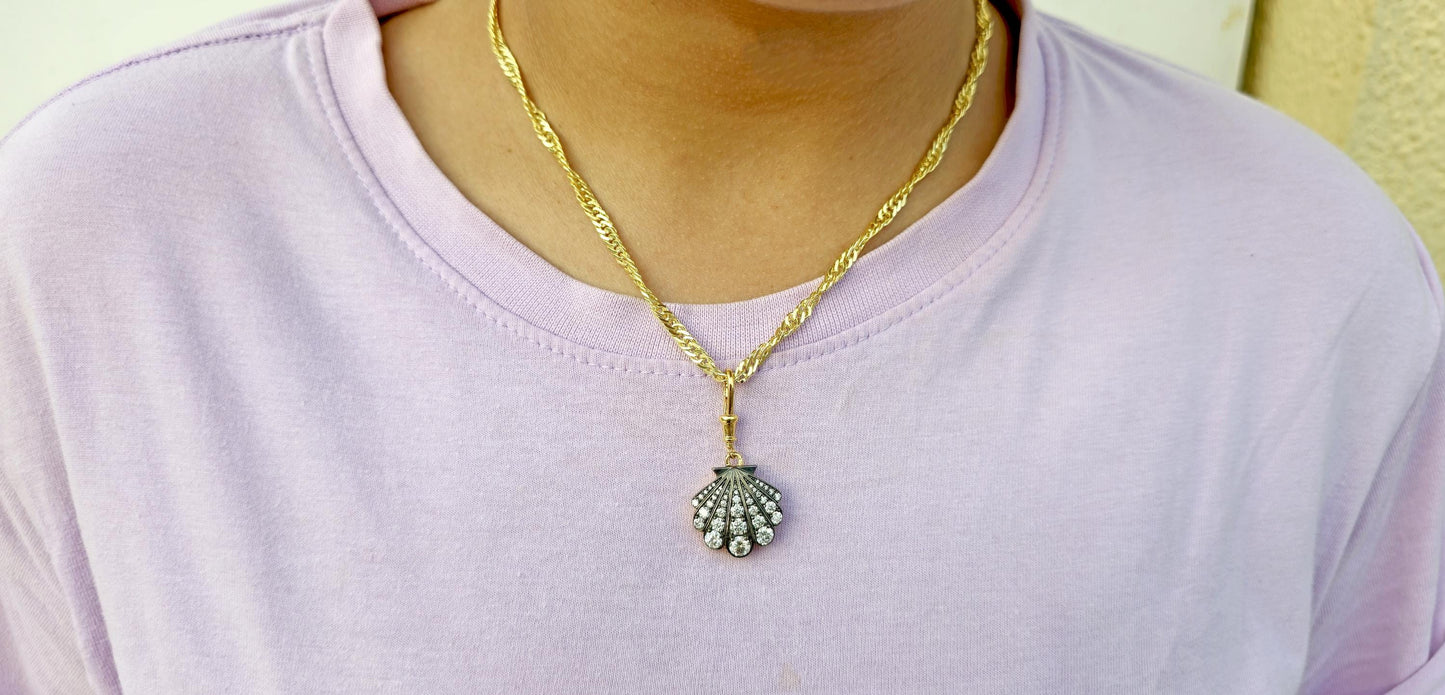 Sea shell charm Moissanite blackened gold Georgian Pendant with dog clip swivel clasp without chain, Circa Vintage Pendant.