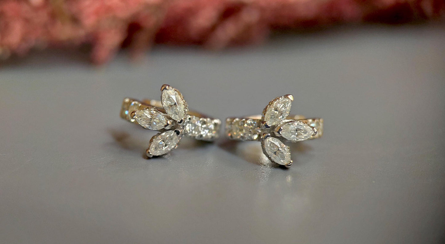 Marquise Moissanite Huggies, hoops, delicate everyday earrings for her available in Silver, 18k\14k\10k White\Yellow\Rose Gold and Platinum