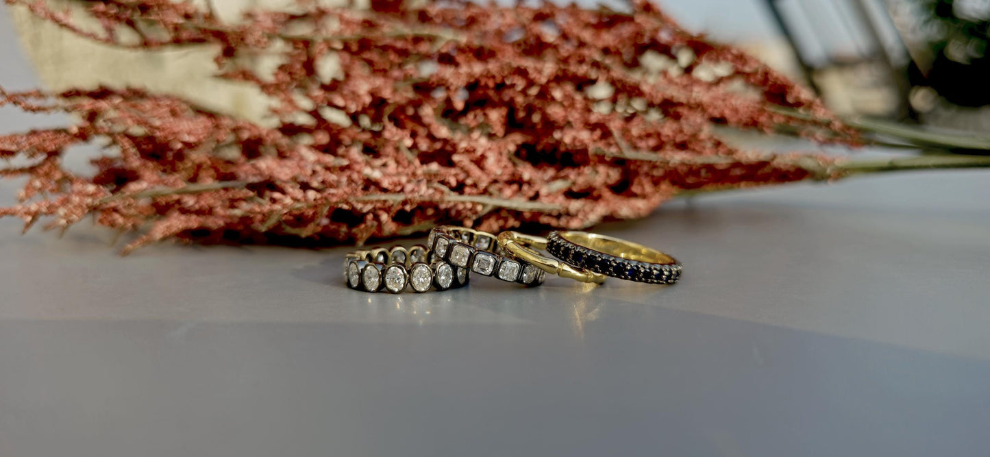 Bezel set Oval Cut Moissanite Wedding band in blackened gold, Full\Half Eternity Ring, Stackable Ring in 18k\14k\10k White\Yellow\Rose Gold