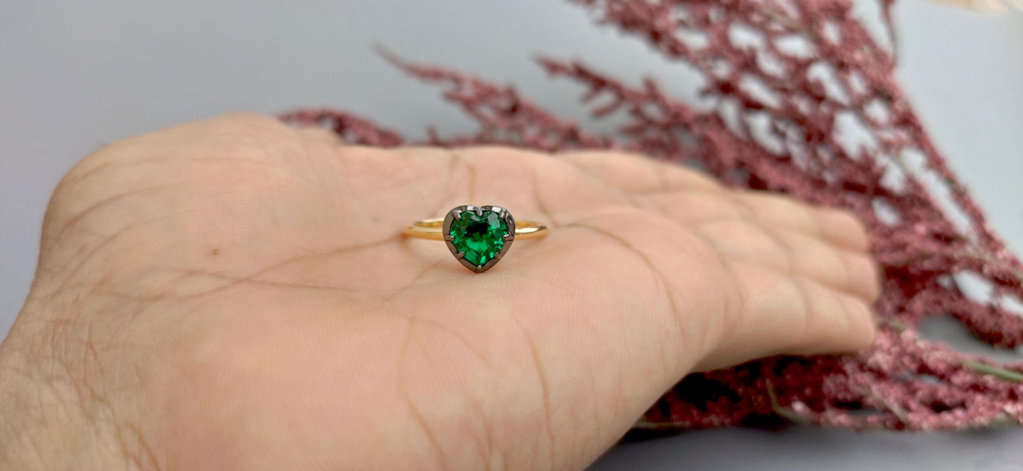 Lab Emerald Heart Cut Georgian cut down button back solitaire engagement ring, ring for her, ring for women, blackened gold stackable ring.