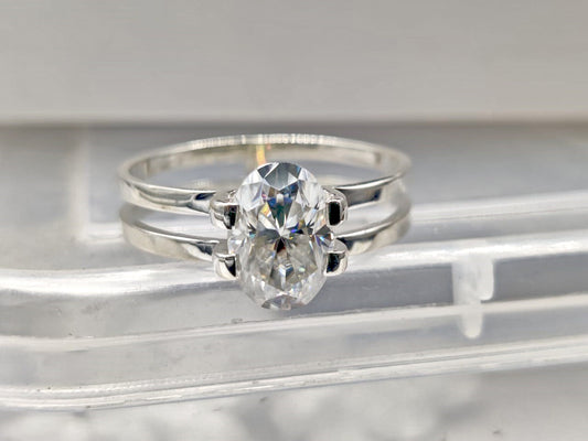 Double band Oval moissanite solitaire Engagement ring, Promise\ Proposal ring, Right hand ring, Gift for wife, Ring for her