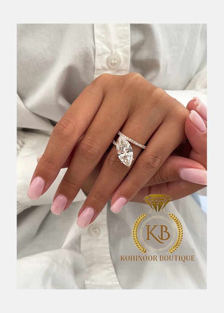 Unique Tilted Floating Marquise Cut Moissanite Double Band Solitaire Engagement\Bridal\propose\anniversary Ring