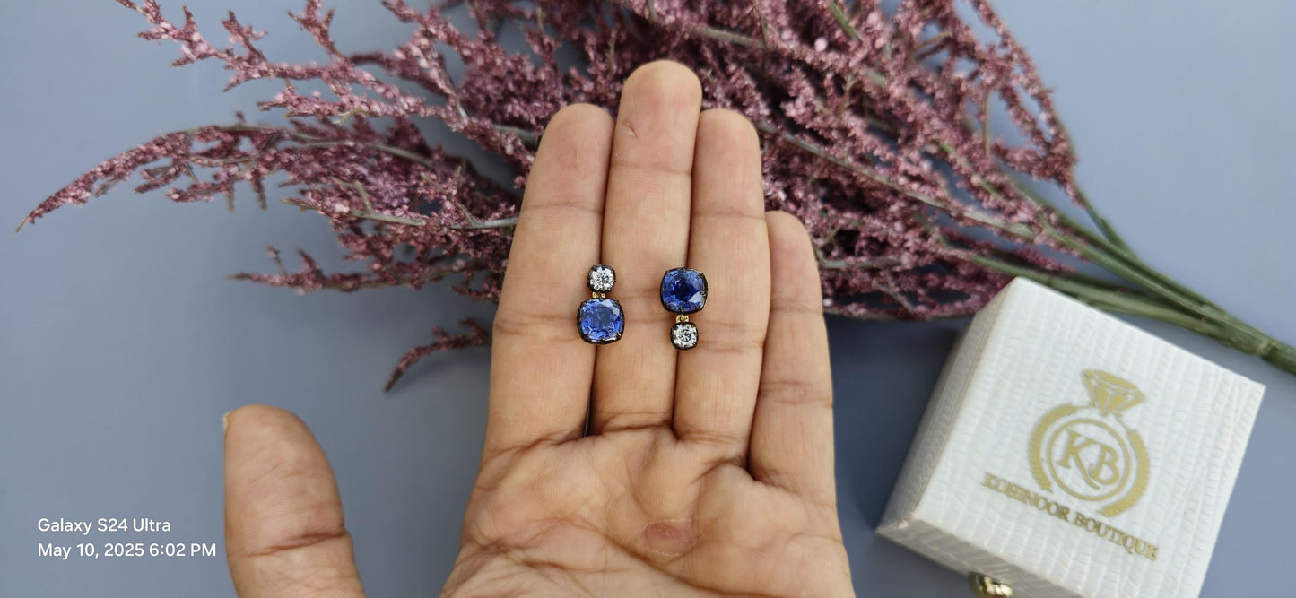 Georgian cut down button back set cushion moissanite and lab grown sapphire earrings, Asymmetrical earrings