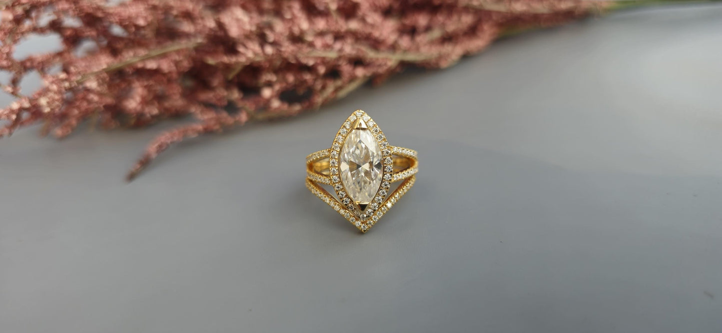 Marquise Cut Halo Moissanite Engagement Ring, Wedding Bridal Set, Anniversary gift for wife, Ring for women