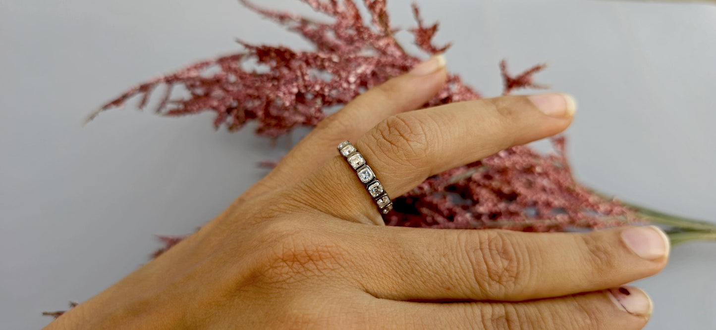 Asscher Cut Lab grown diamond Wedding band in blackened gold, Full\Half Eternity Ring, Stackable Ring, Georgian antique eternity ring