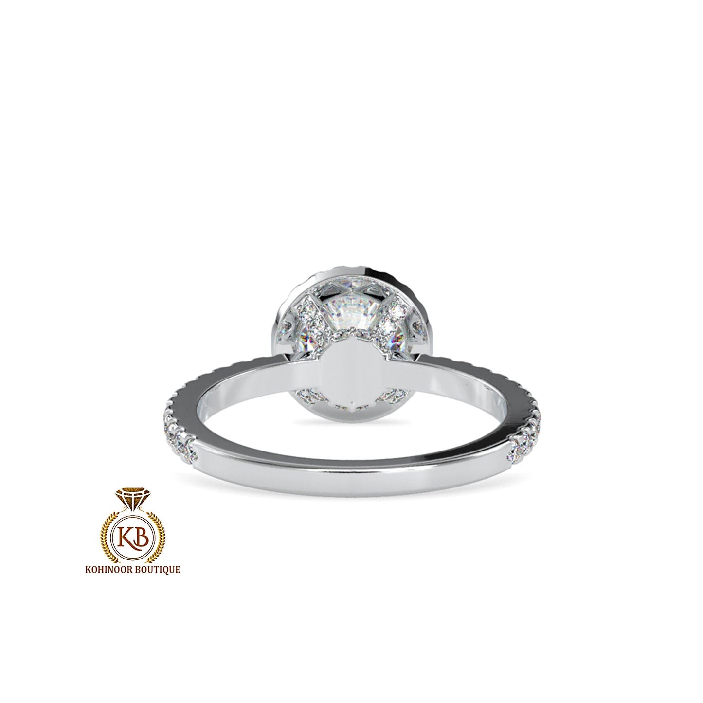Round Cut Moissanite Double Halo with Under Halo, side U cut pave band with pave basket Engagement ring.