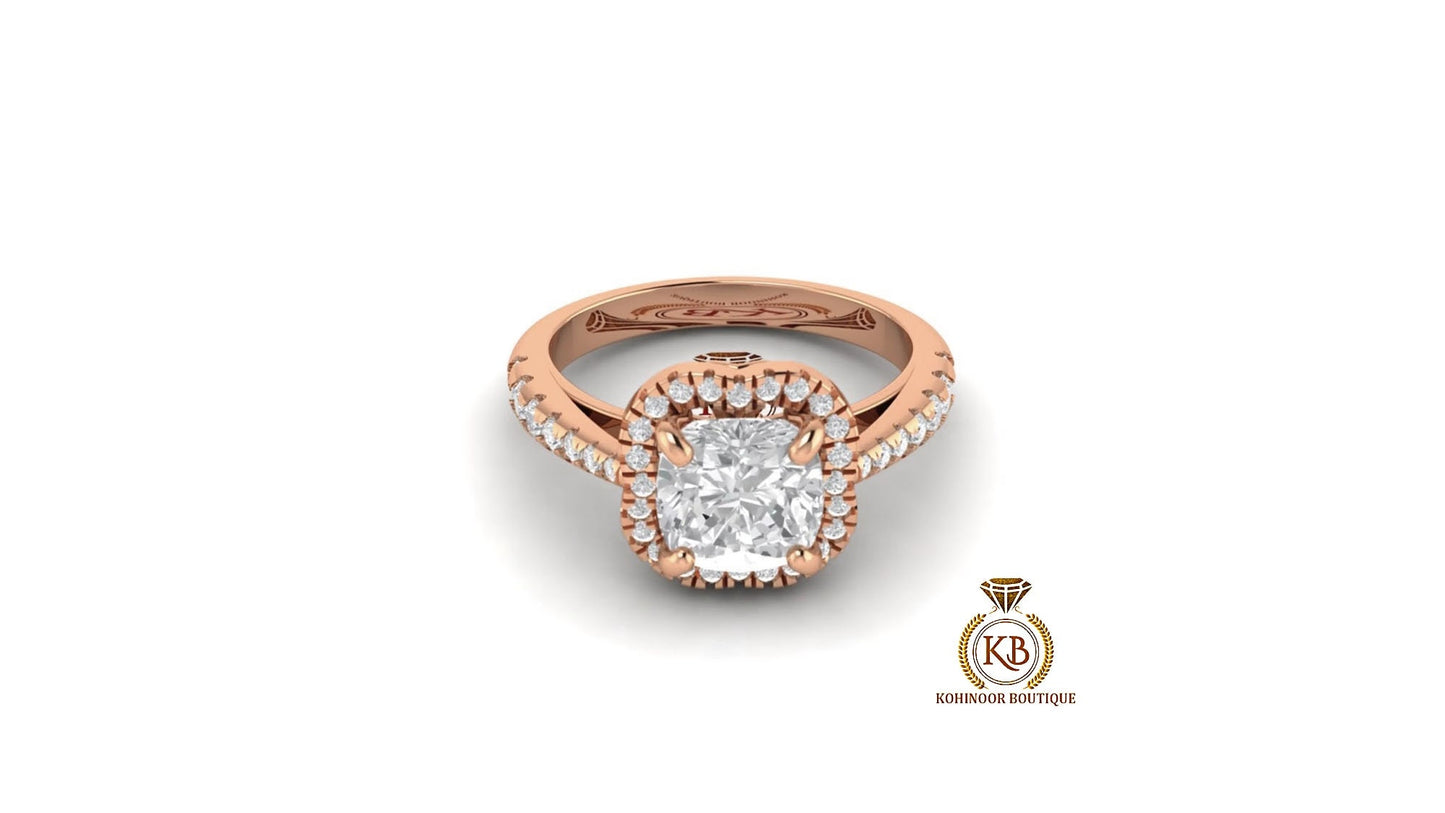 Tulip Lotus Basket Cushion Cut Moissanite Halo Engagement Ring With French Pave Band, Ring for her, Wedding anniversary gift