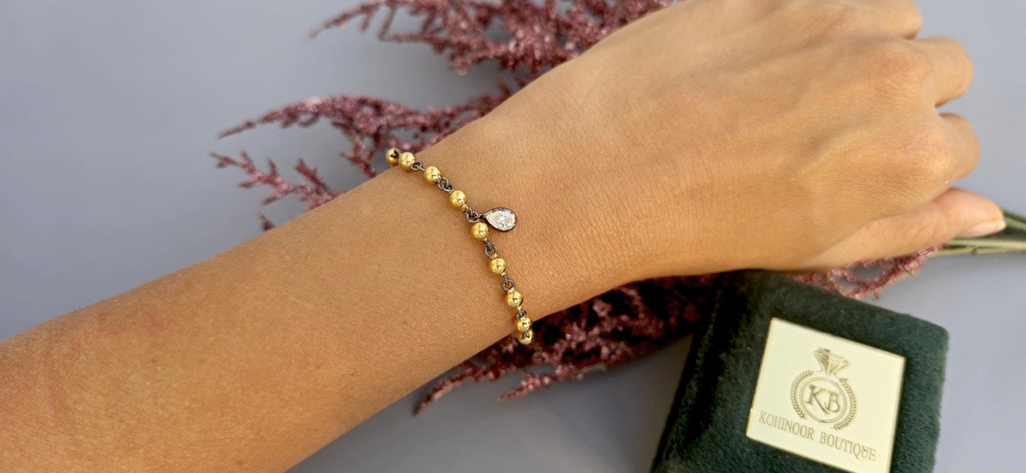 Ball n chain blackened gold button back moissanite stackable bracelet with 2 charms of your choice, mention charm shape in personalization