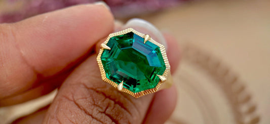 Lab Emerald Georgian cut down Compass prongs set Knife edge Signet Solitaire ring in matt\Glossy finish, Ring for her\Women