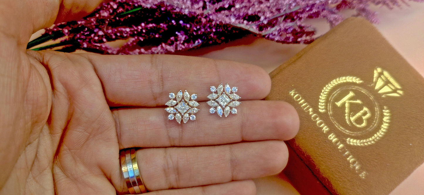 Marquise, Princess and Round Lab grown cluster studs, Statement earrings for her, Earrings studs for women, Party wear Wedding Earrings