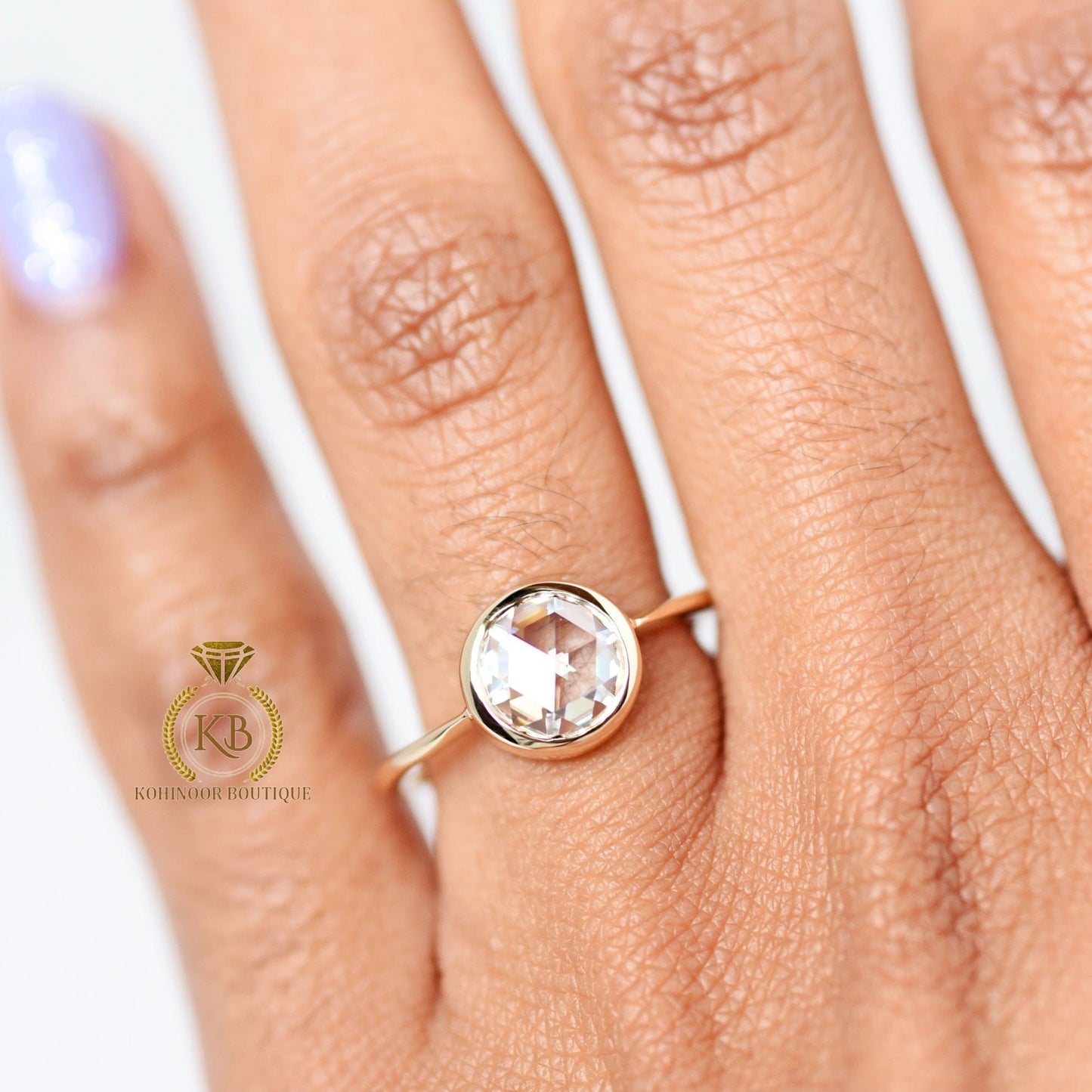 Bezel set Round Rose Cut Moissanite Engagement ring, low profile set engagement ring, Vintage ring for her