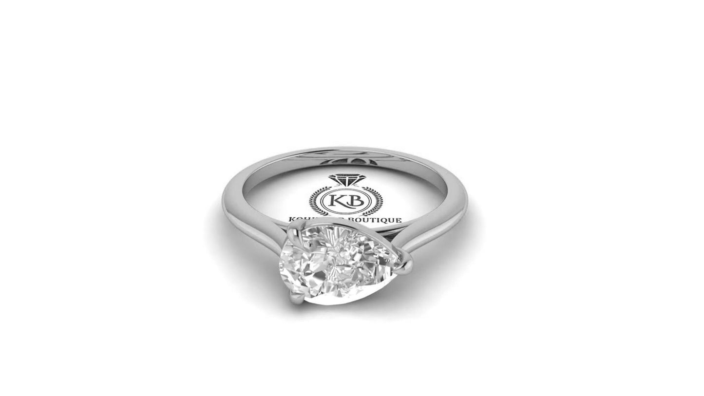 East-West Classic Trellis Pear Cut Solitaire Engagement Ring, Right hand ring, Cocktail Ring, Ring for her, ring for women