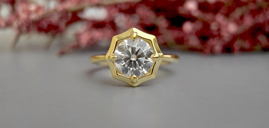 Round Moissanite Hexagon shaped bezel prong set Solitaire Engagement Ring with open gallery, ring for her, ring for women, statement ring.