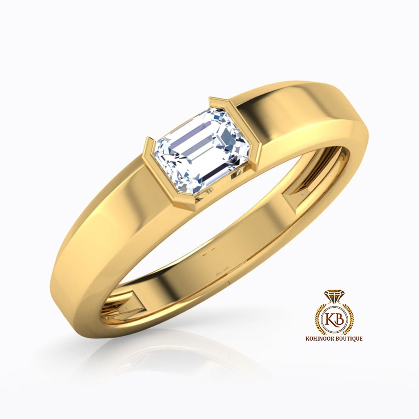 East West half bezel Set Emerald Moissanite Solitaire Engagement ring, unisex ring, ring for women, ring for men, promise proposal ring