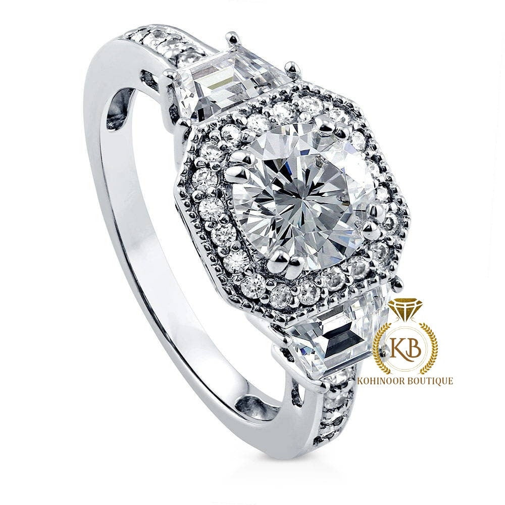 Round & Trapezoid  Halo 3 stone with side pave Moissanite Engagement Ring, rings for women, statement ring.