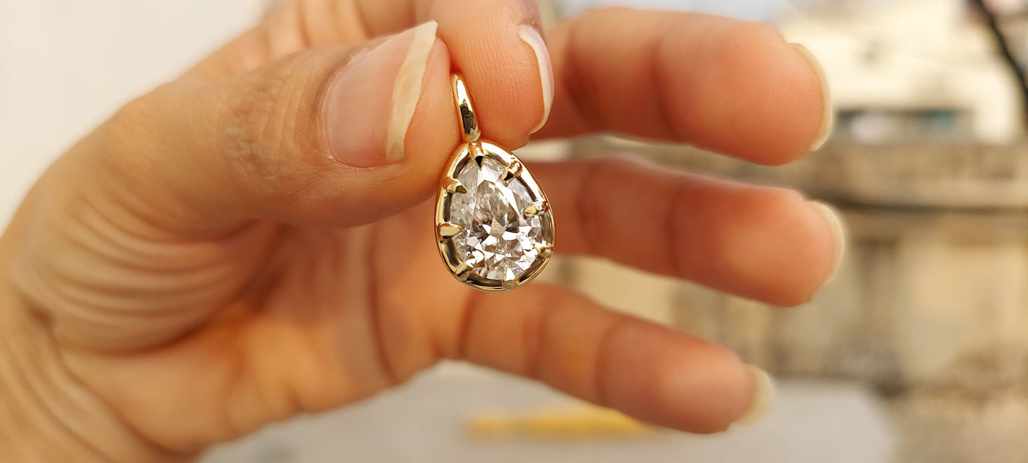 Old Mine Pear cut OMC, Antique Pear Georgian cut down set Solitaire Moissanite Pendant without chain, Pendant for women, gift for mother