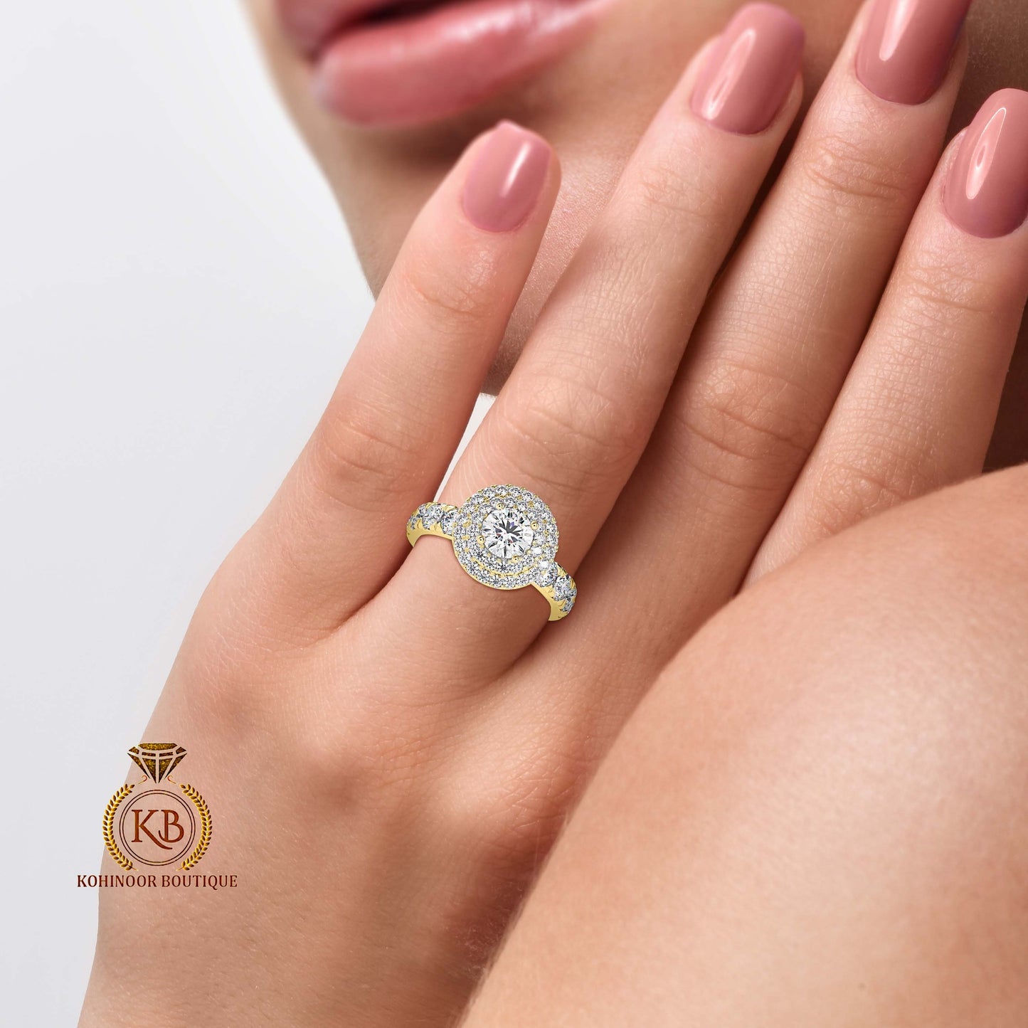 Vintage-inspired double halo Round cut Moissanite ring with french Pave band, cathedral set Engagement ring