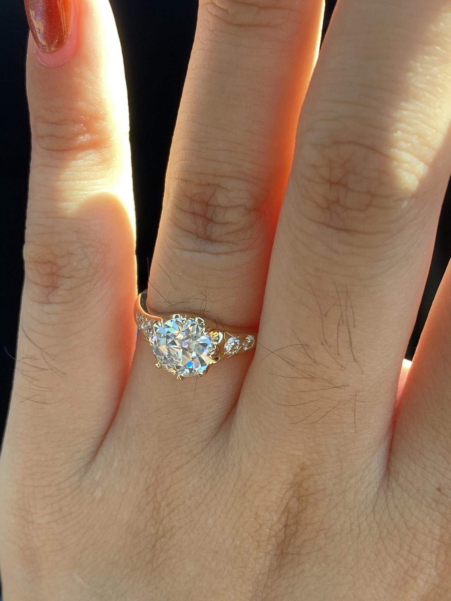 Vintage Old European cut moissanite solitaire Engagement ring with side stones, Edwardian Setting ,ring for women, vintage-inspired setting.