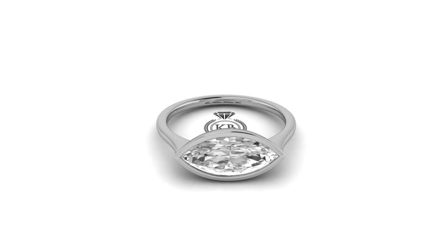 East West Bezel Set Marquise Moissanite Solitaire Engagement Ring, Georgian era Vintage ring, Low profile ring, statement art deco ring.