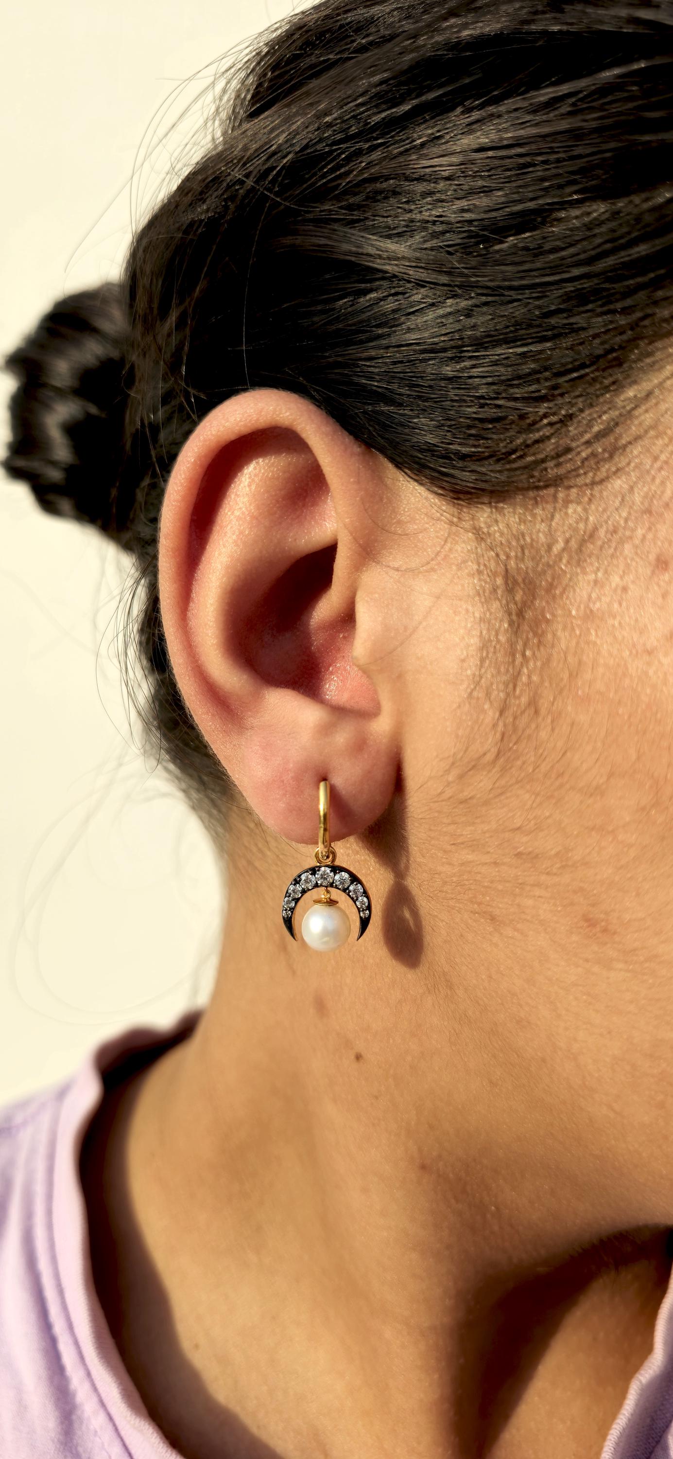 Half moon Moissanite button back Georgian cut down Huggie,2 in 1  statement earring, blackened gold earrings.