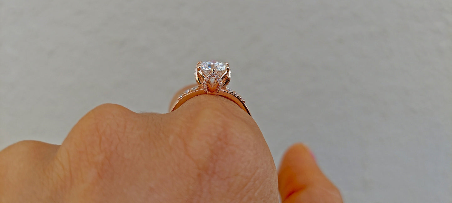 Tulip Pave basket Round  with French Pave Band Moissanite Solitaire Engagement Ring, Lotus Prong with flower basket Promise\proposal Ring.