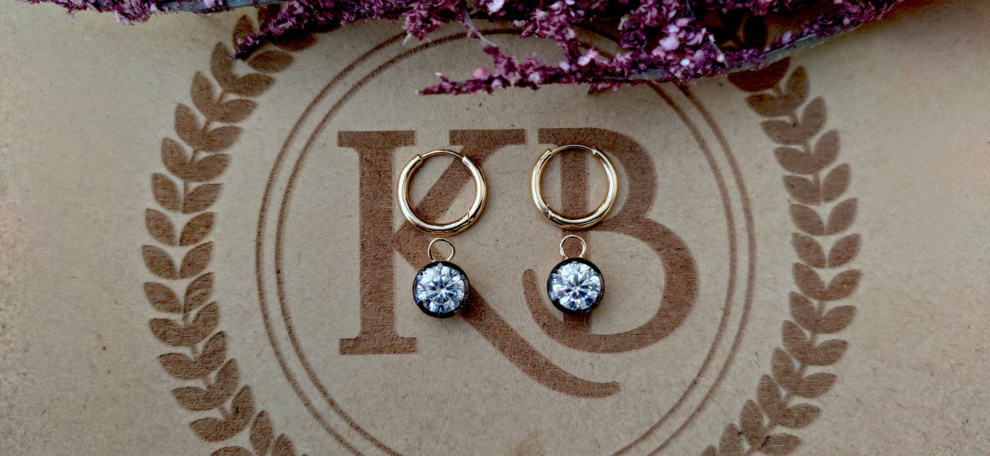 Round Lab grown diamond button back Georgian cut down Gypset huggie, removable hoops, statement earring, blackened gold earrings.
