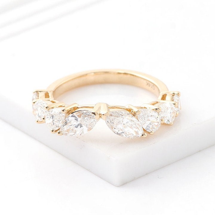 East West Marquise Pear Moissanite wedding band, Bridal stackable, Anniversary gift for wife