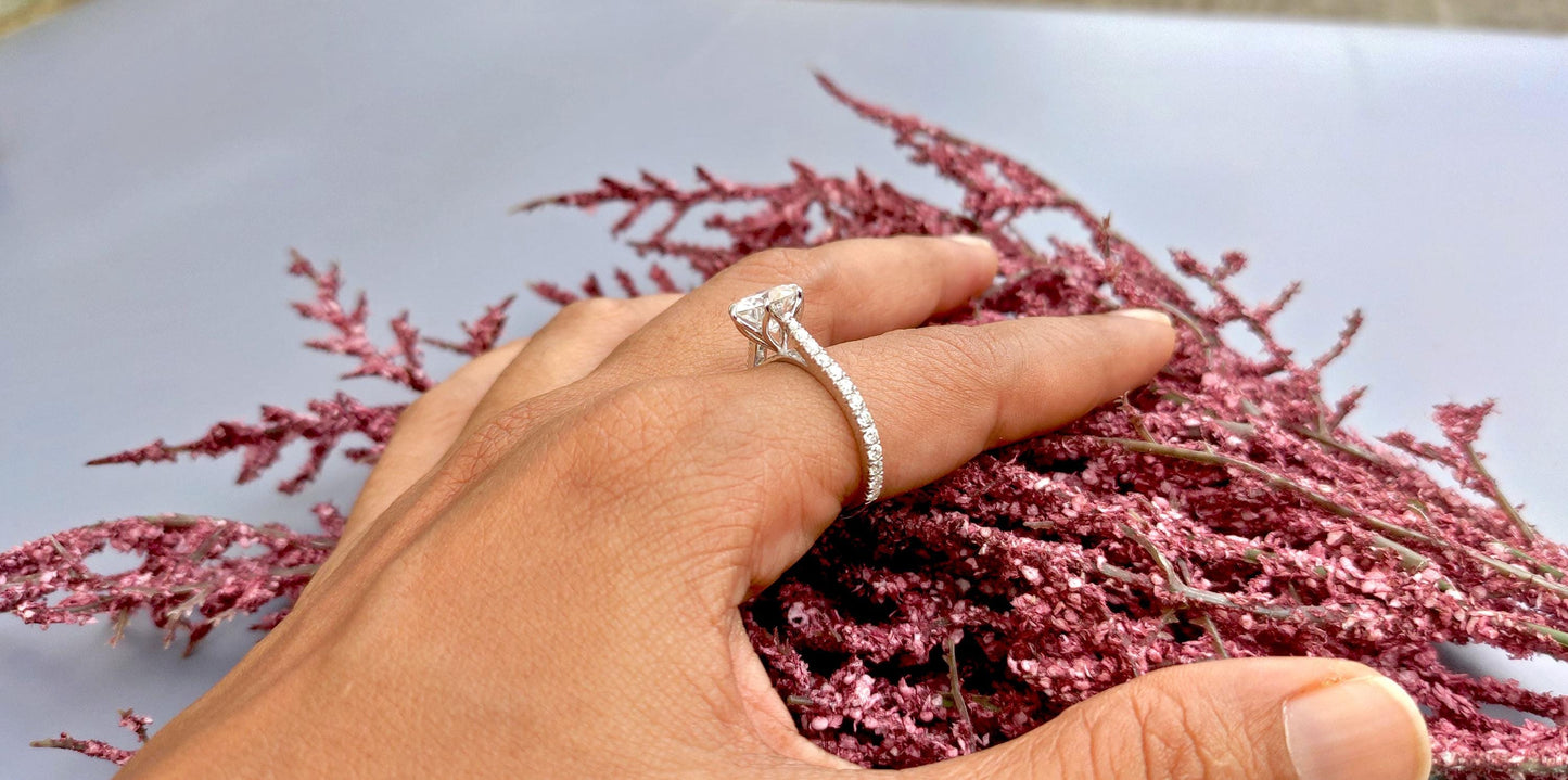 Tulip Lotus Prong French Pave Band Round Moissanite Solitaire Engagement Ring,flower basket  Promise\proposal Ring.