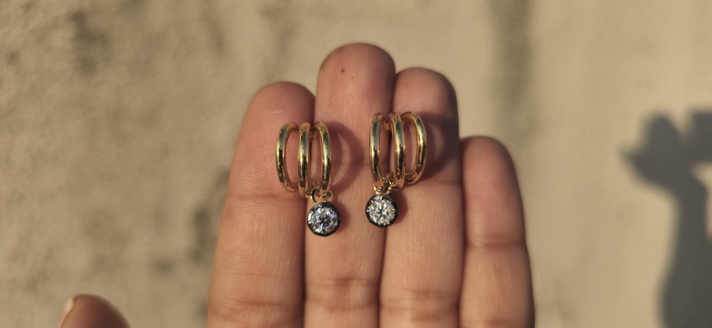 Round Moissanite button back Georgian cut down tripset hoops ,2 in 1  statement earring, blackened gold earrings.