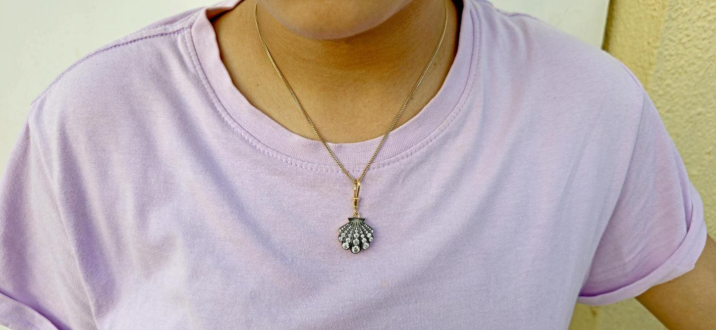Sea shell charm Moissanite blackened gold Georgian Pendant with dog clip swivel clasp without chain, Circa Vintage Pendant.