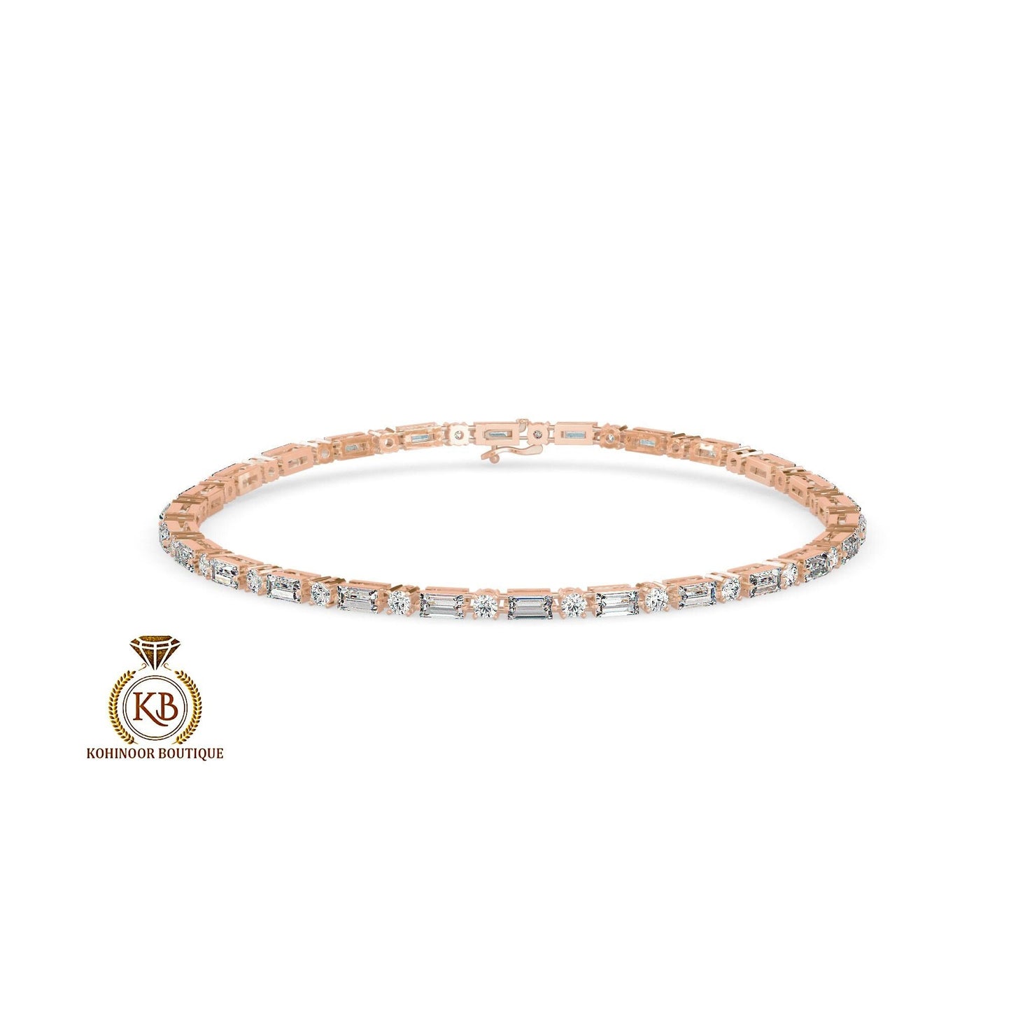 Ready to ship Moissanite Baguette & Round Tennis Bracelet in 7 inch size and in 10k rose gold, Birthday Gift for girls\women