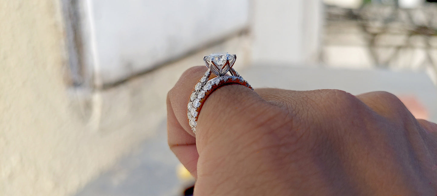 Tulip Lotus Prong French Pave Band Round Moissanite Bridal Set, flower basket , Petal Prongs, Promise\proposal Ring.