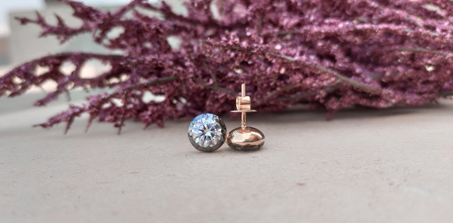 Round Moissanite button back Georgian cut down studs, statement earring, blackened gold earrings, studs earrings for women