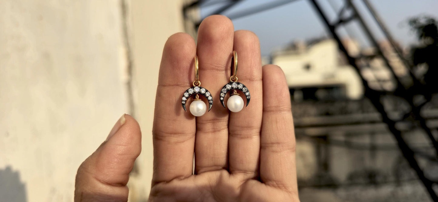 Half moon Moissanite button back Georgian cut down Huggie,2 in 1  statement earring, blackened gold earrings.