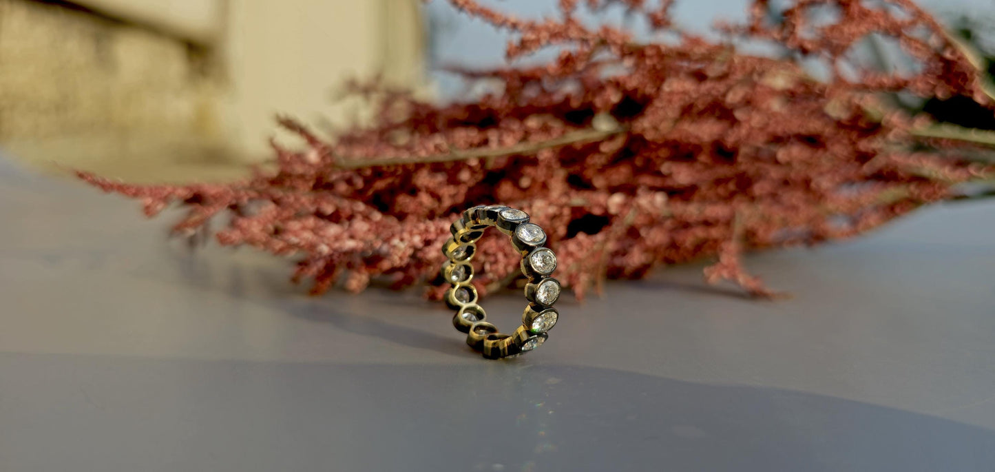Bezel set Oval Cut Moissanite Wedding band in blackened gold, Full\Half Eternity Ring, Stackable Ring in 18k\14k\10k White\Yellow\Rose Gold
