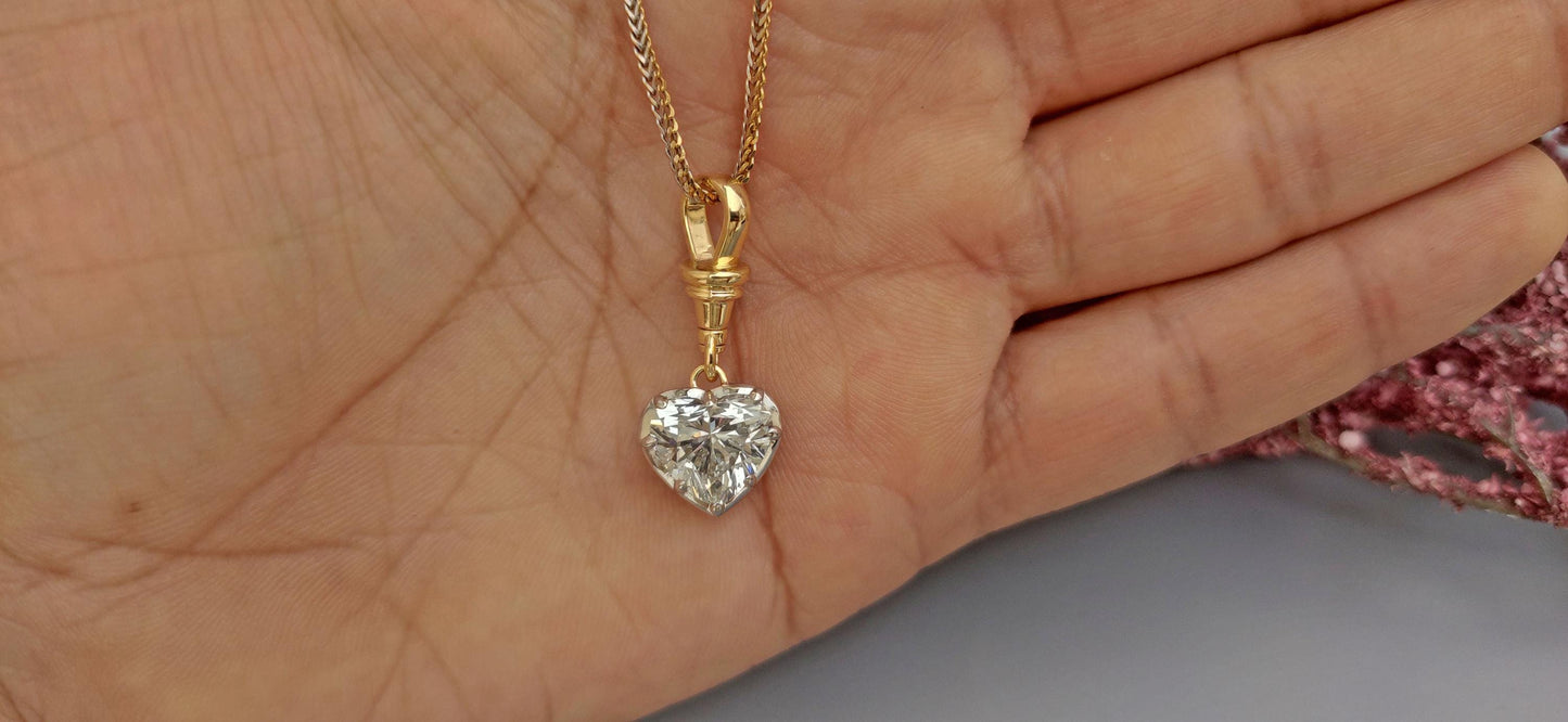 3 Ct Heart Cut Moissanite Collet set Georgian cut down set 2 toned Swivel Clasp Pendant, without chain