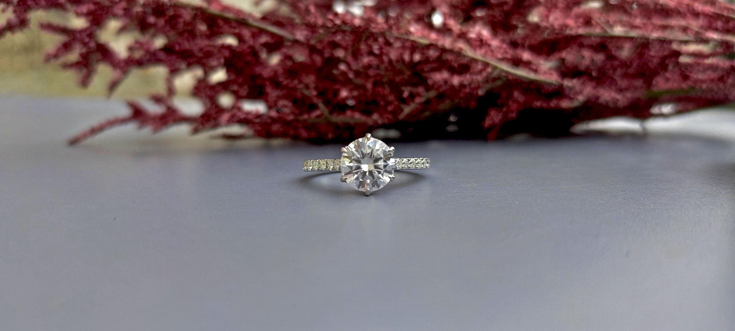 Tulip Lotus Prong French Pave Band Round Moissanite Solitaire Engagement Ring,flower basket  Promise\proposal Ring.