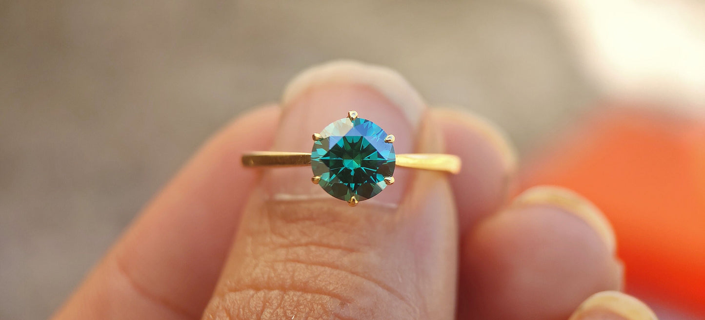 Tulip Lotus Prong Round Green Moissanite Solitaire Engagement Ring, flower basket ring Promise ring, proposal Ring, Ring for her