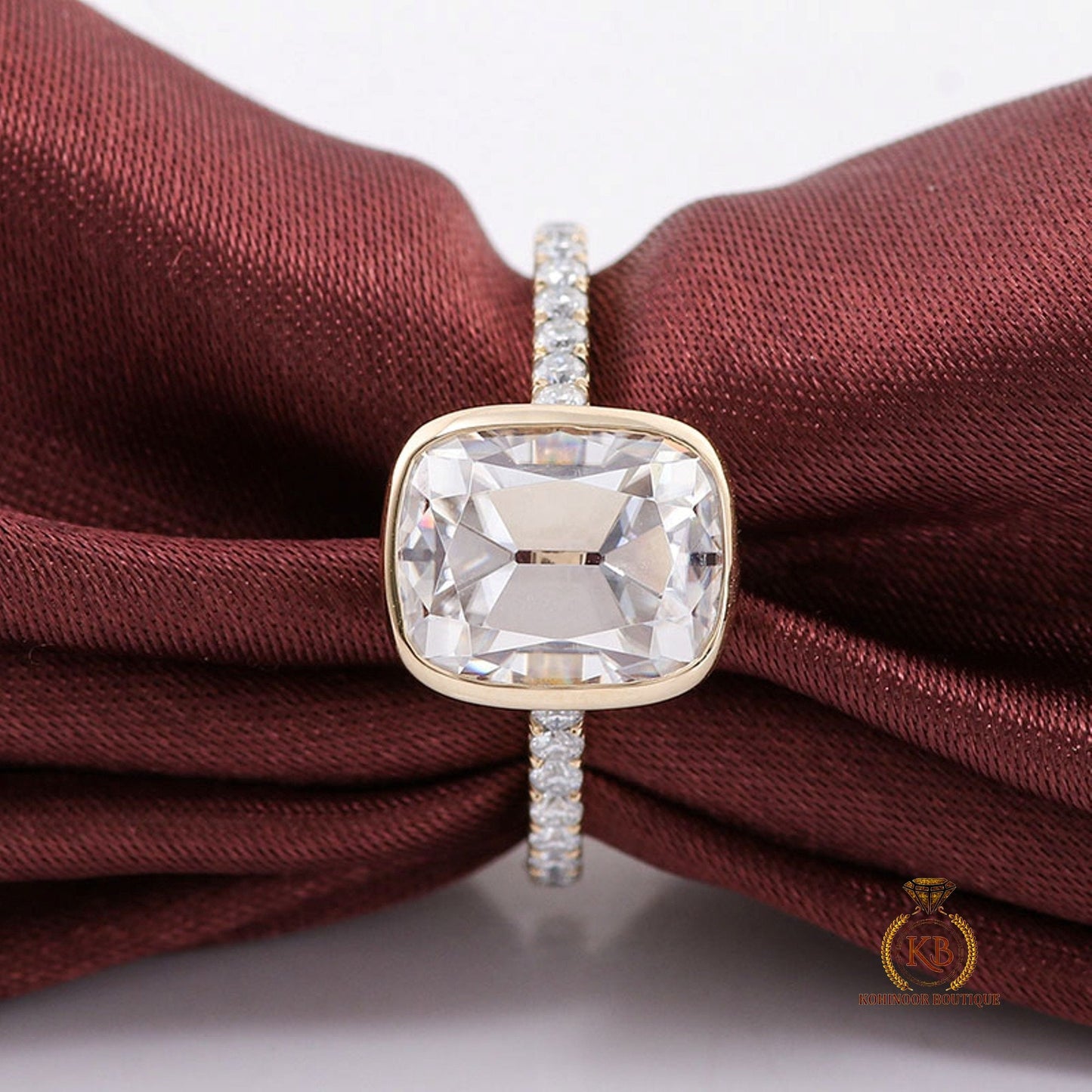 Old Mine Cut OMC Elongated Cushion Cut Bezel Cathedral set with side pave Moissanite Engagement Ring, Antique Bezel Set ring.