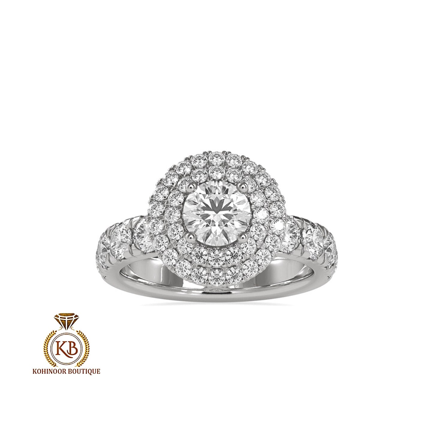 Vintage-inspired double halo Round cut Moissanite ring with french Pave band, cathedral set Engagement ring