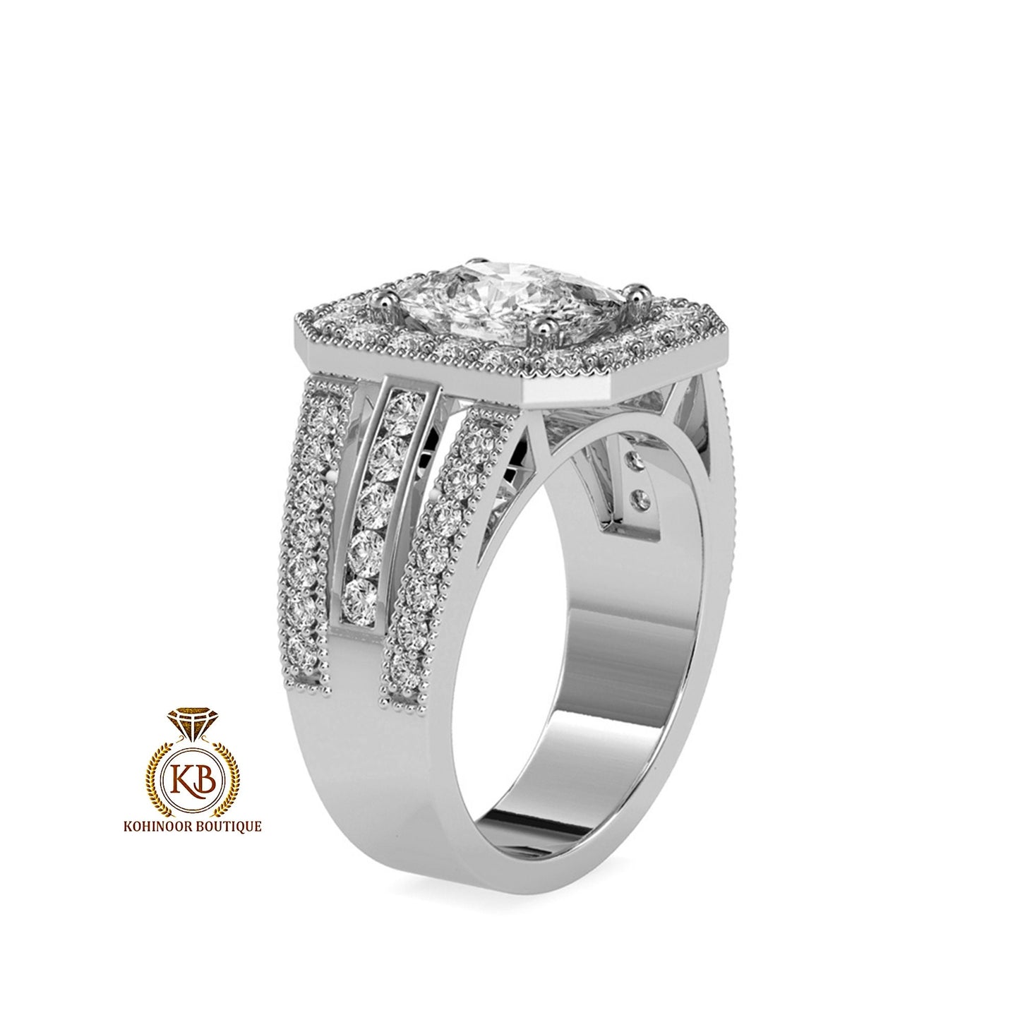 Cushion milgarin halo with Side 3 Pave Band, Cathedral milgrain setting Moissanite Engagement\ ring, ring for women, art deco ring.