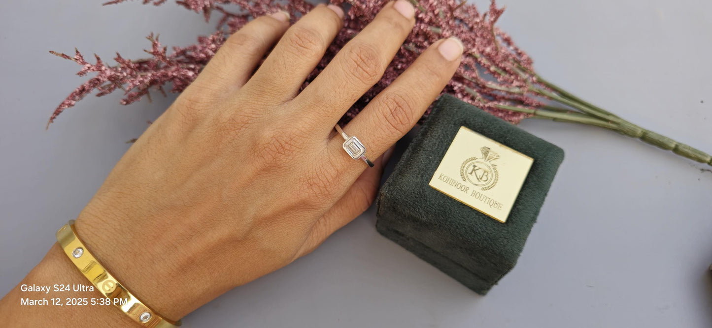 East West Bezel Set Emerald Moissanite Solitaire Engagement Ring, Ring for her, Gift for her, Gift for wife, Promise proposal ring.