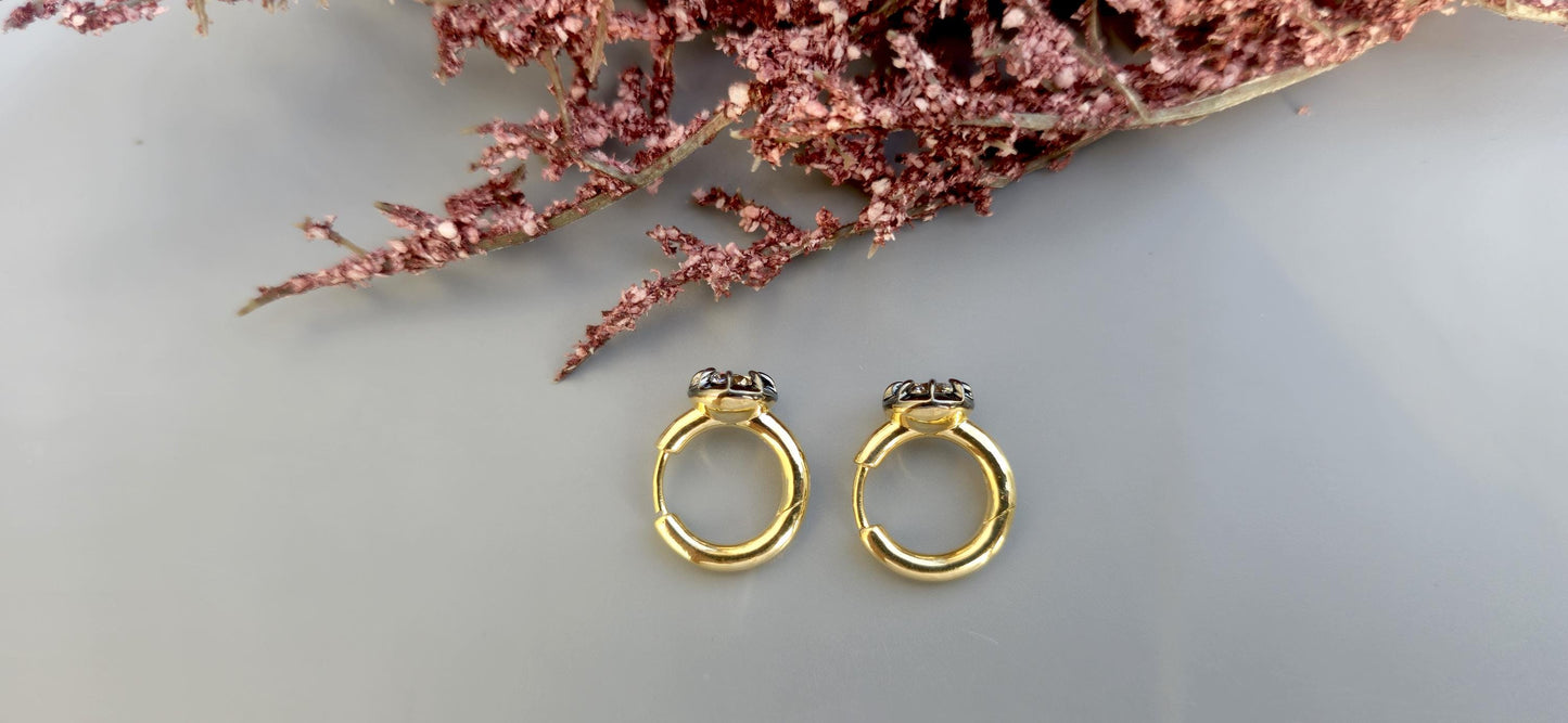 Georgian Victorian Style Lab Grown Diamond Hoops, Georgian cut down Button back blackened gold huggie, Wedding Earring.