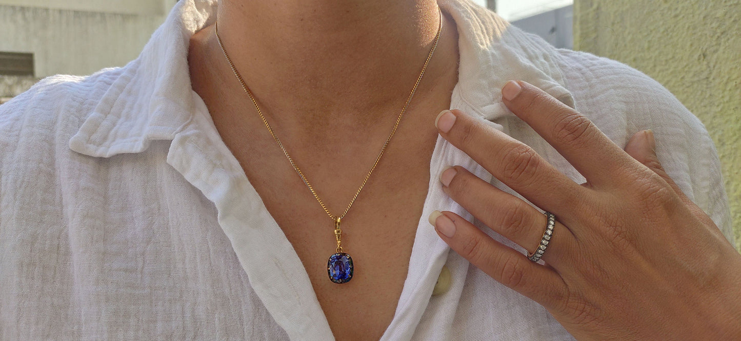 Elongated Cushion Cut Lab Blue Sapphire Pendant, Collet set Georgian cut down set Pendant without chain, Wedding Pendant